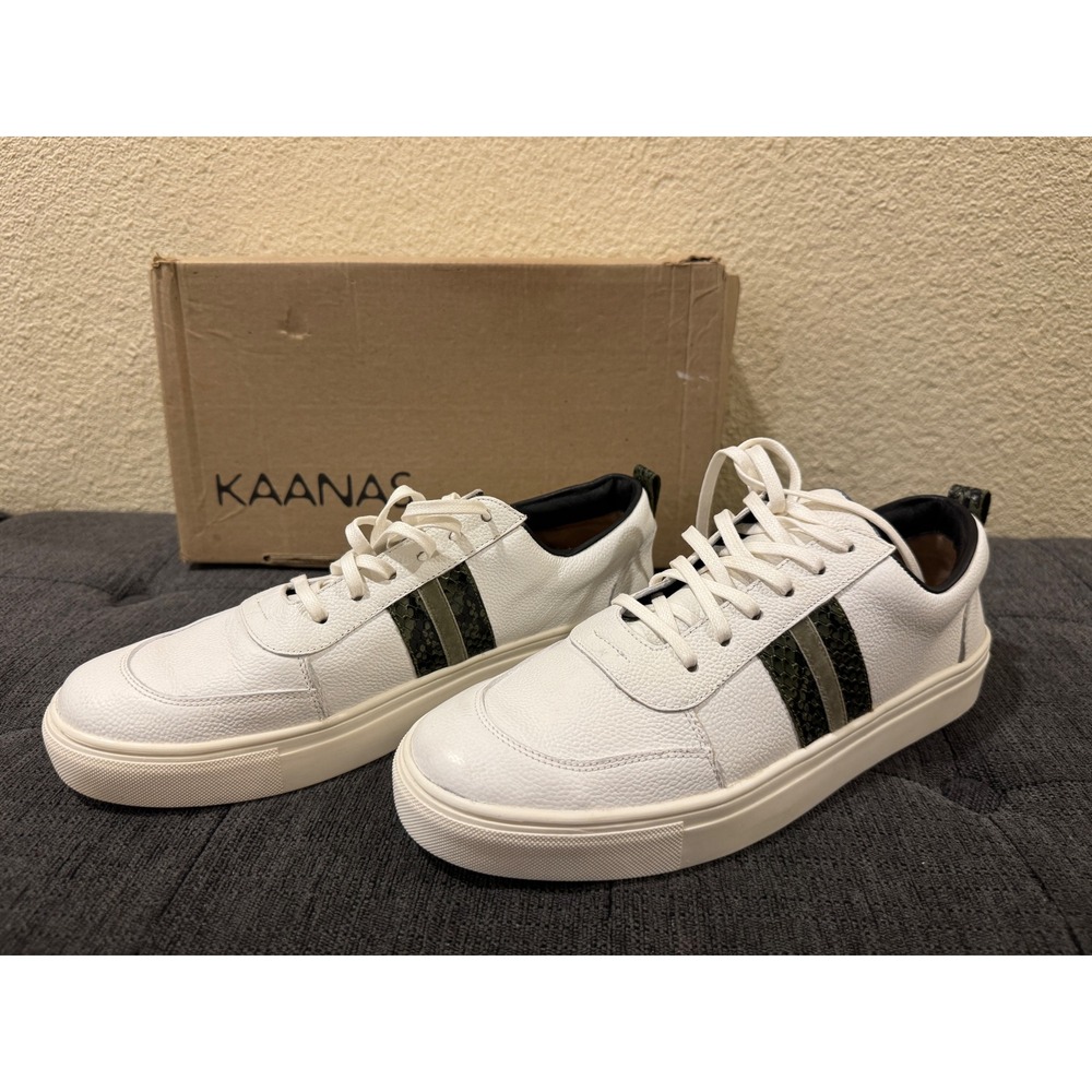 KAANAS White Pebbled Leather Sneakers Olive Green Snakeskin Stripe Low Top 10